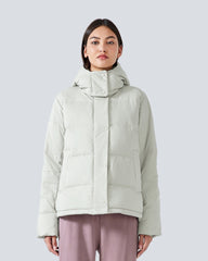 Short padded jacket with hood and high collar