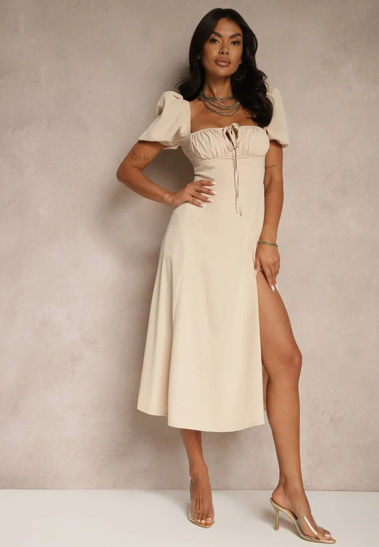 Puff Sleeve Midi Dress with Slit