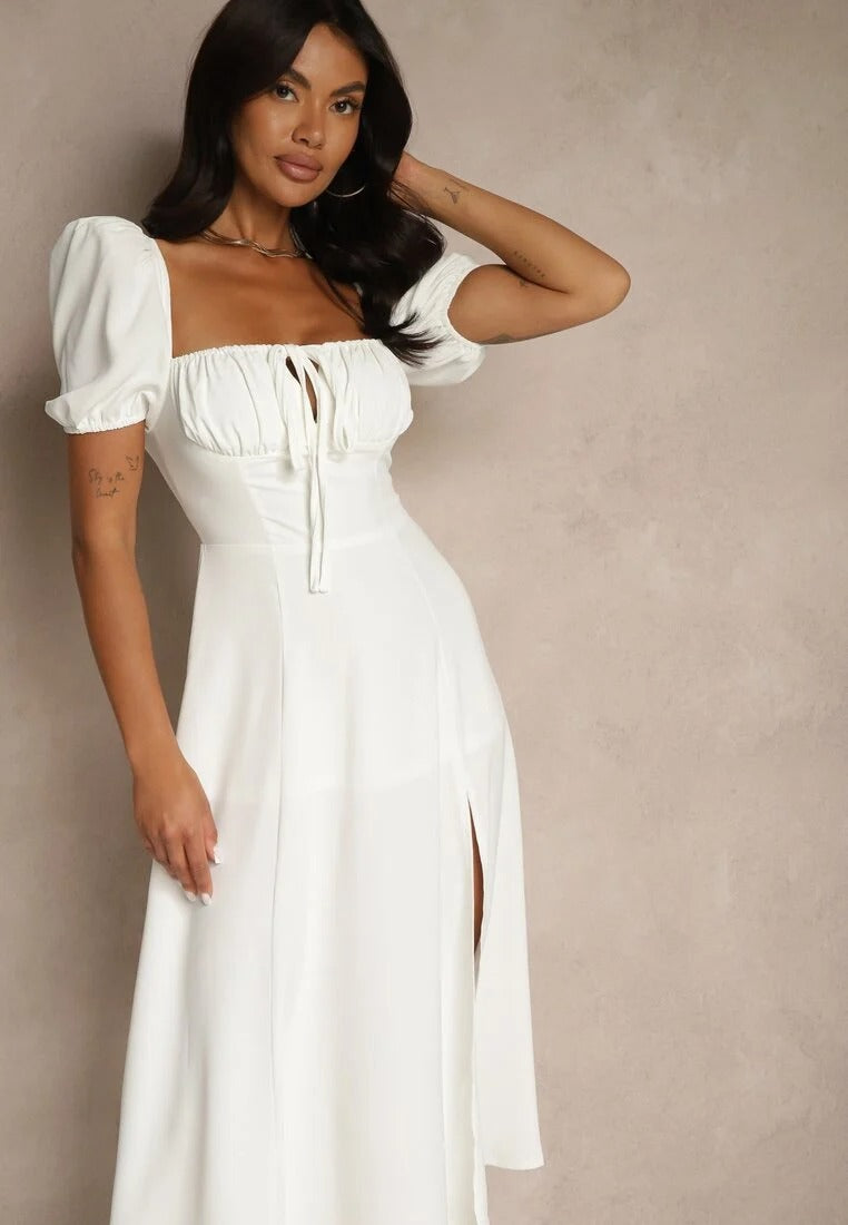 Puff Sleeve Midi Dress with Slit