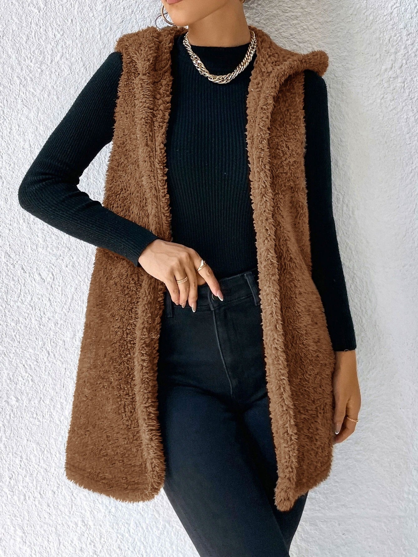 BROWN HOODIE-TEDDY VEST