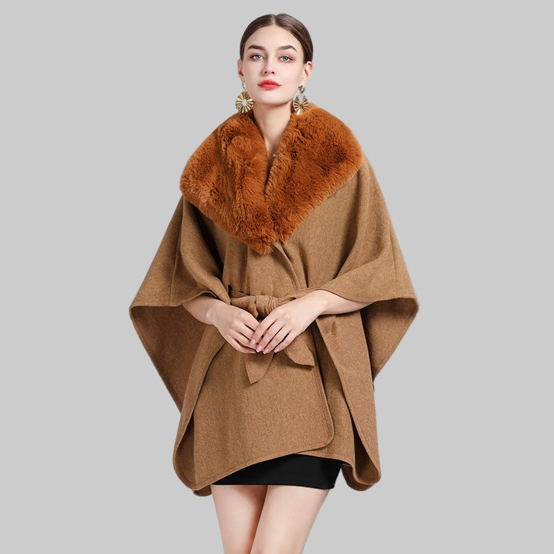 Cape with tie belt and fluffy shawl collar