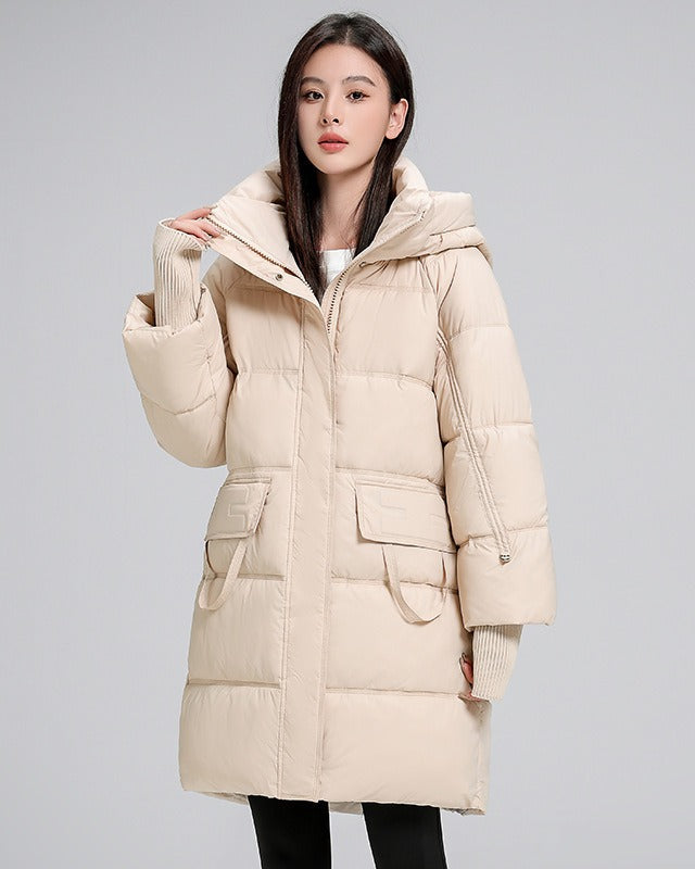 Long padded jacket with hood and pockets