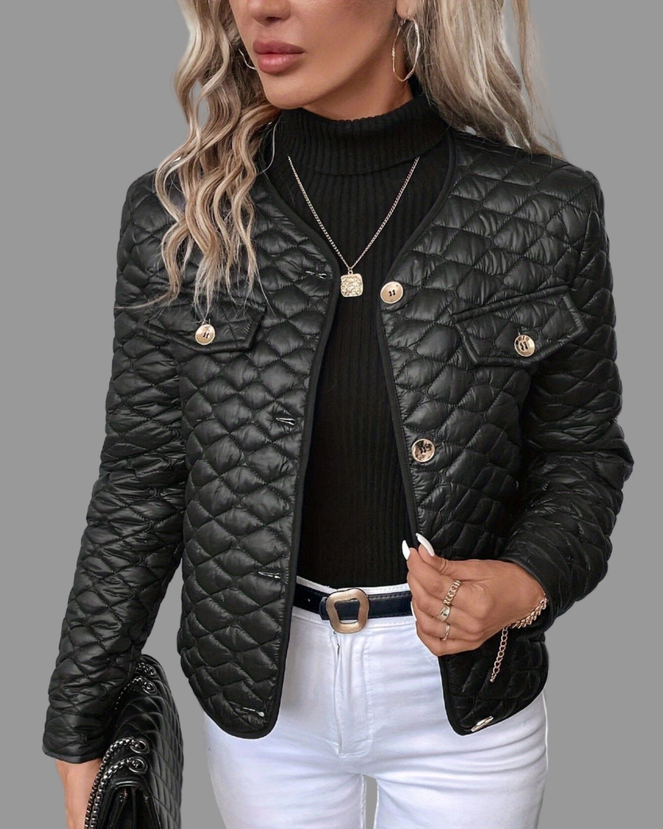 Black quilted collarless jacket