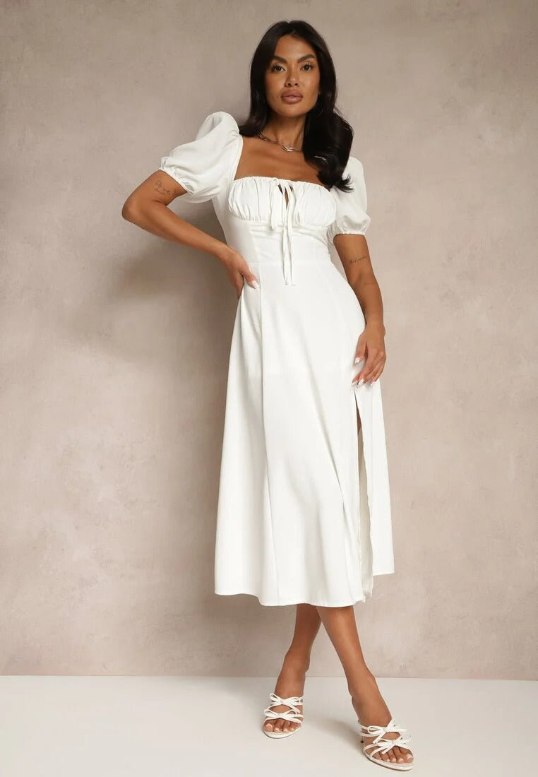 Puff Sleeve Midi Dress with Slit