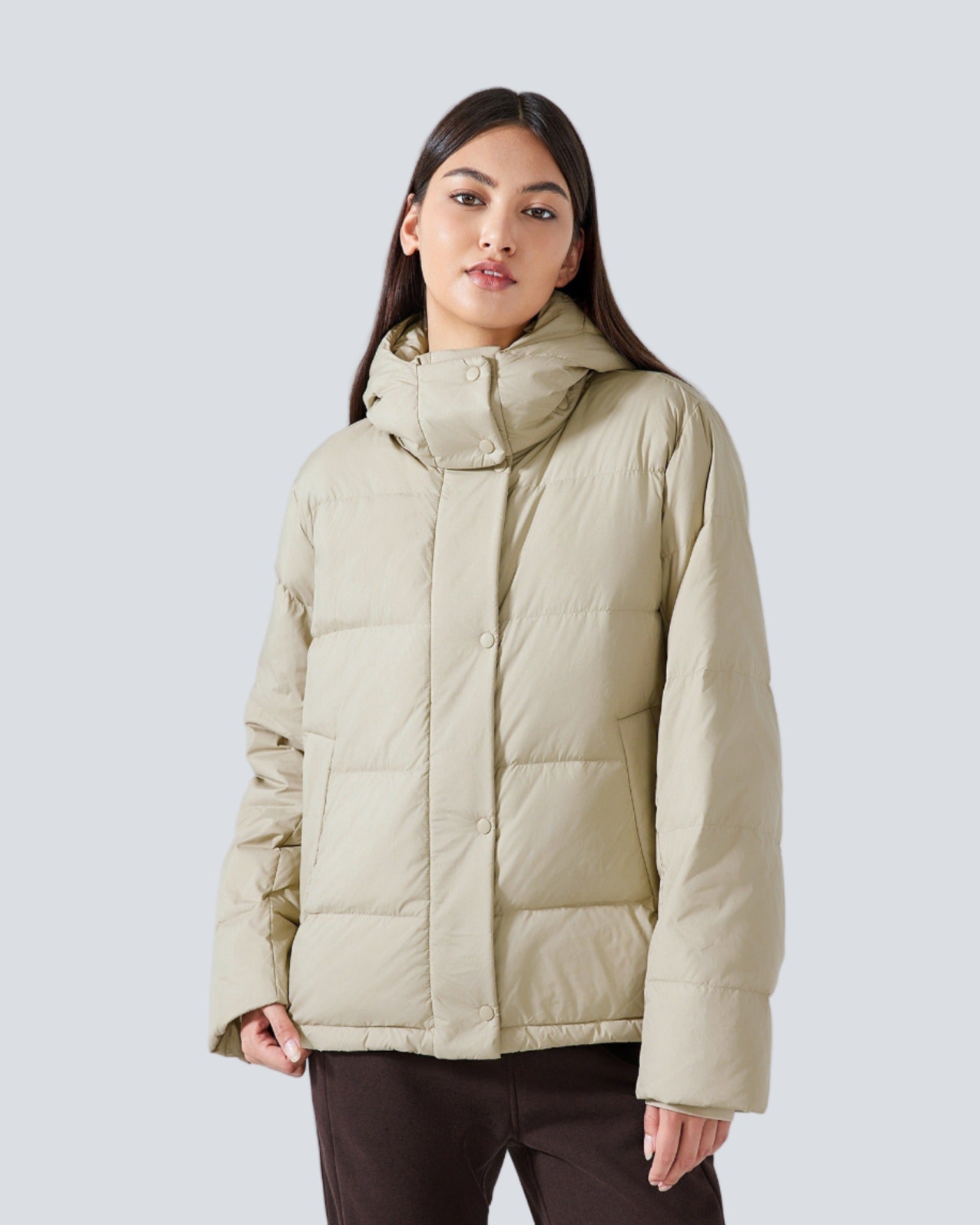 Short padded jacket with hood and high collar