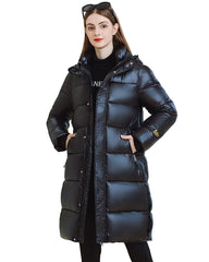 Long padded jacket with hood and zippers