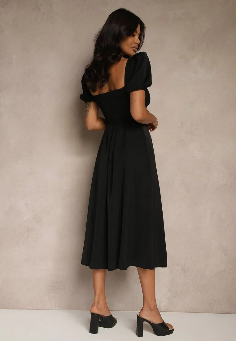 Puff Sleeve Midi Dress with Slit