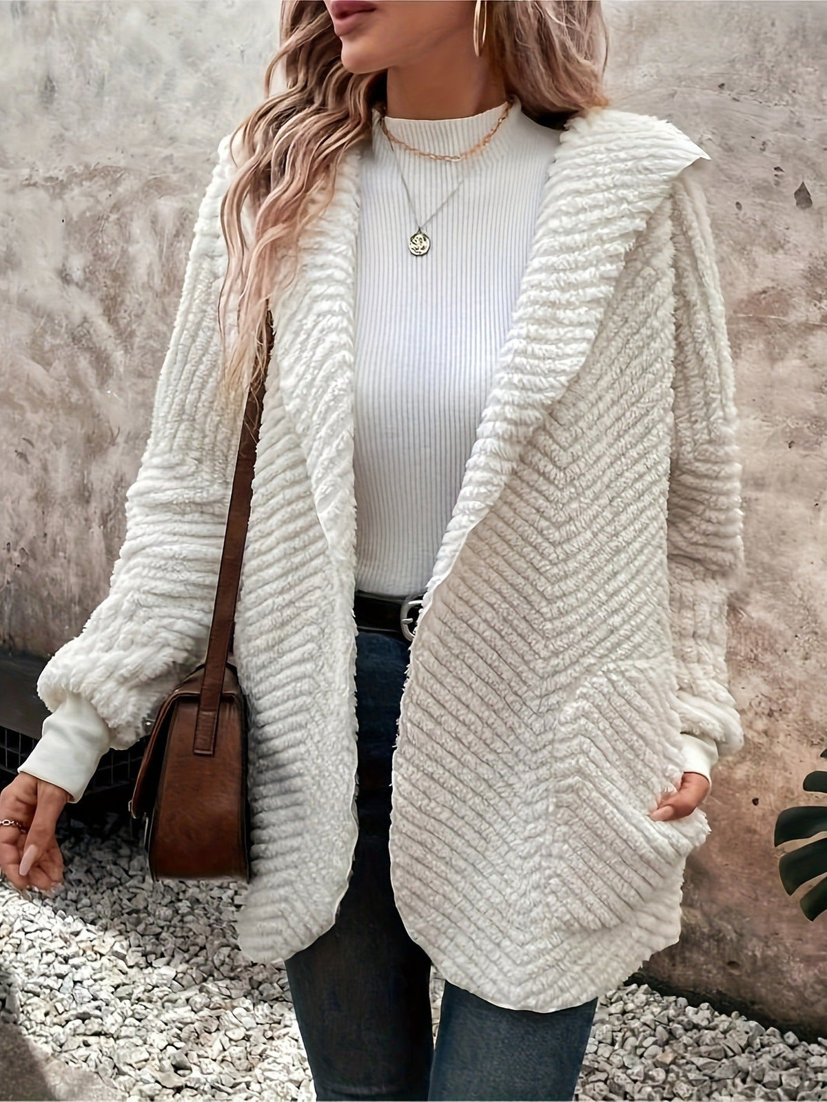 White long, structured cardigan with pockets