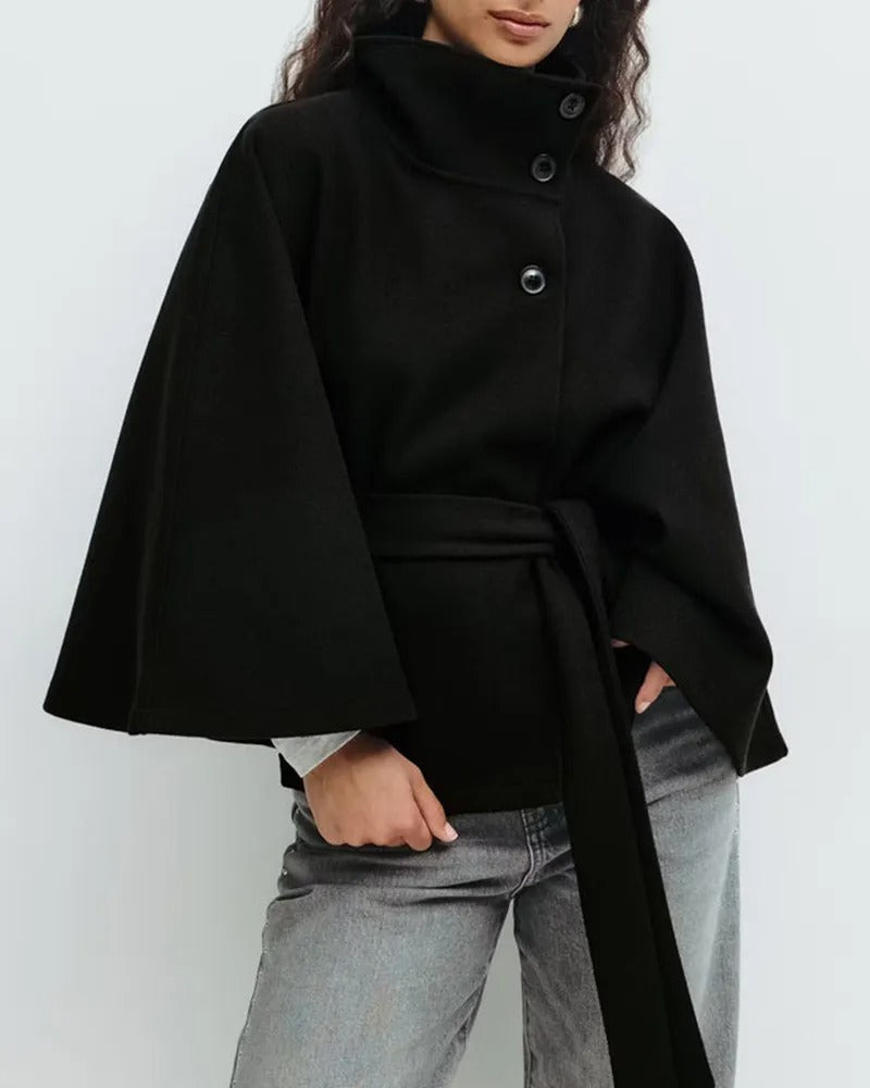 Cape coat with belt and high collar