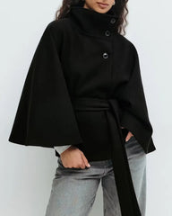Cape coat with belt and high collar