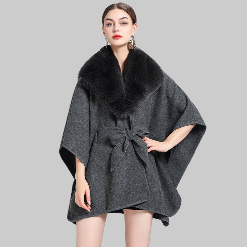 Cape with tie belt and fluffy shawl collar