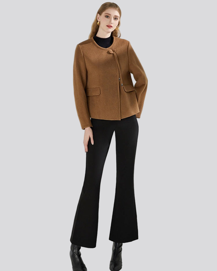 Camel brown collarless jacket with knot closure