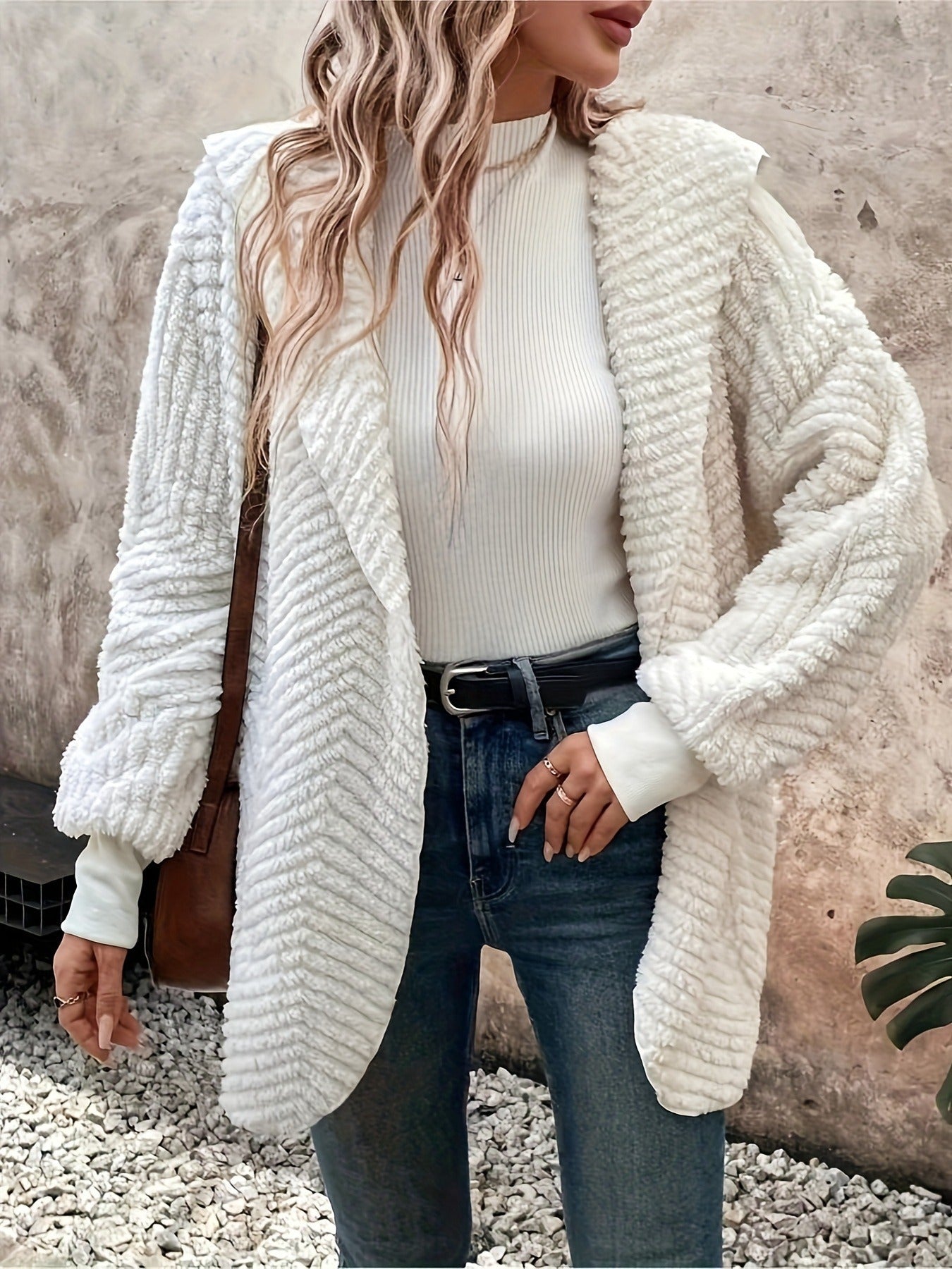 White long, structured cardigan with pockets