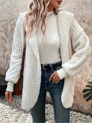White long, structured cardigan with pockets