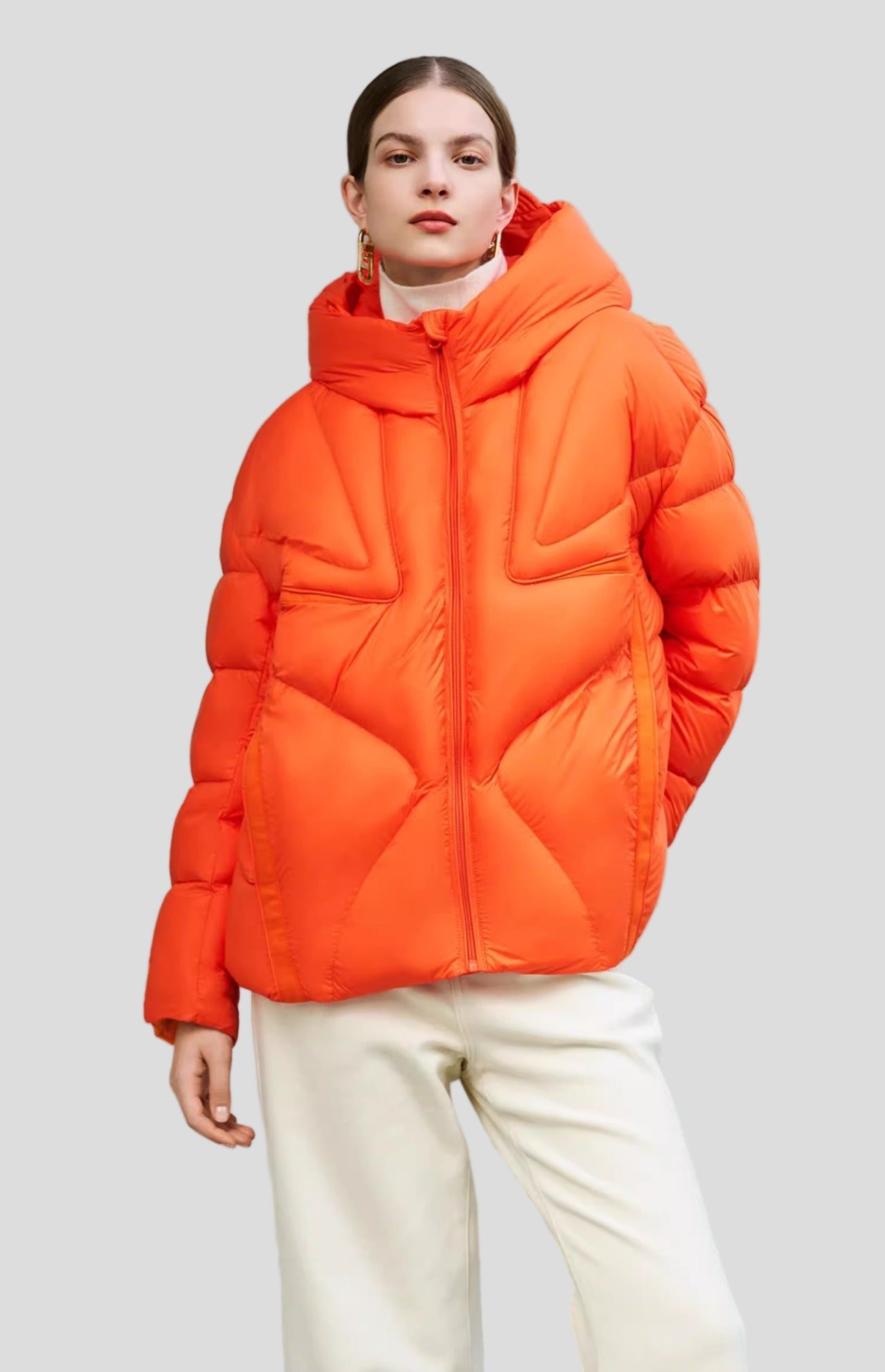 Orange sculpted puffer jacket – oversized hood