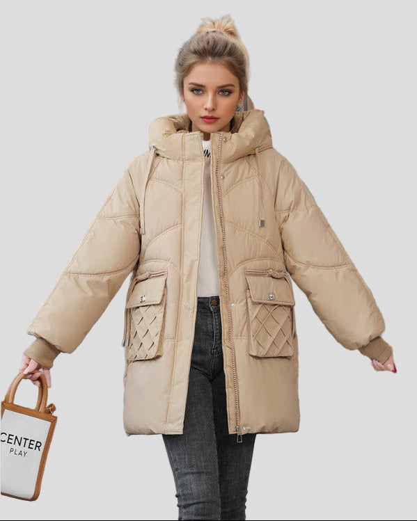 Long padded jacket with hood and pockets