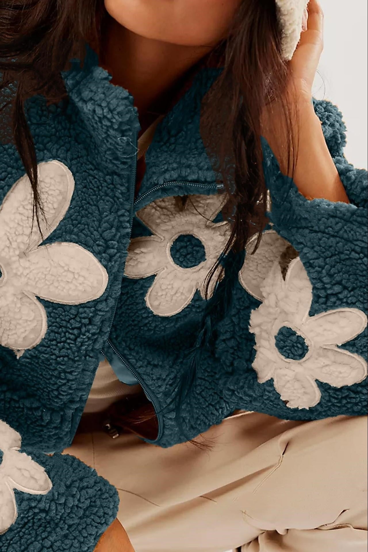 Floral zip jacket with stand-up collar