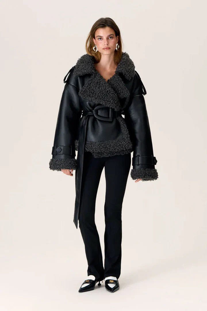 Black winter jacket with belt and graphite Gray contrast trim