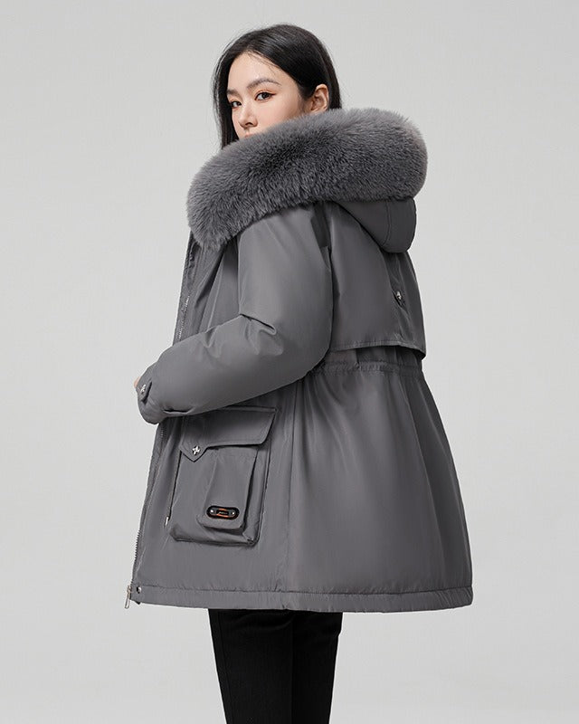 Puffer parka with fluffy collar and adjustable waist