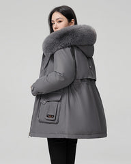 Puffer parka with fluffy collar and adjustable waist