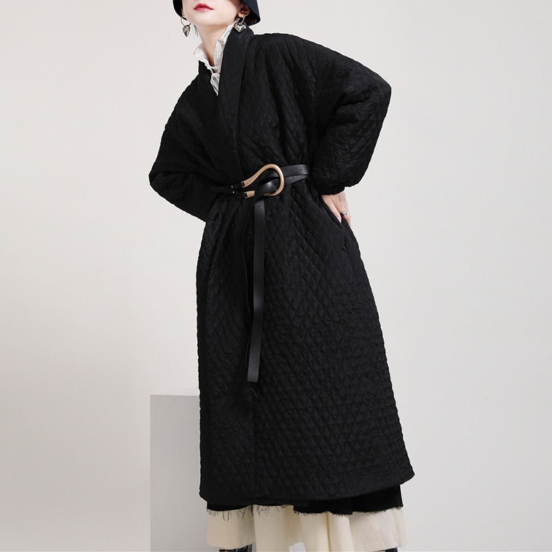 Black quilted wrap coat with belt