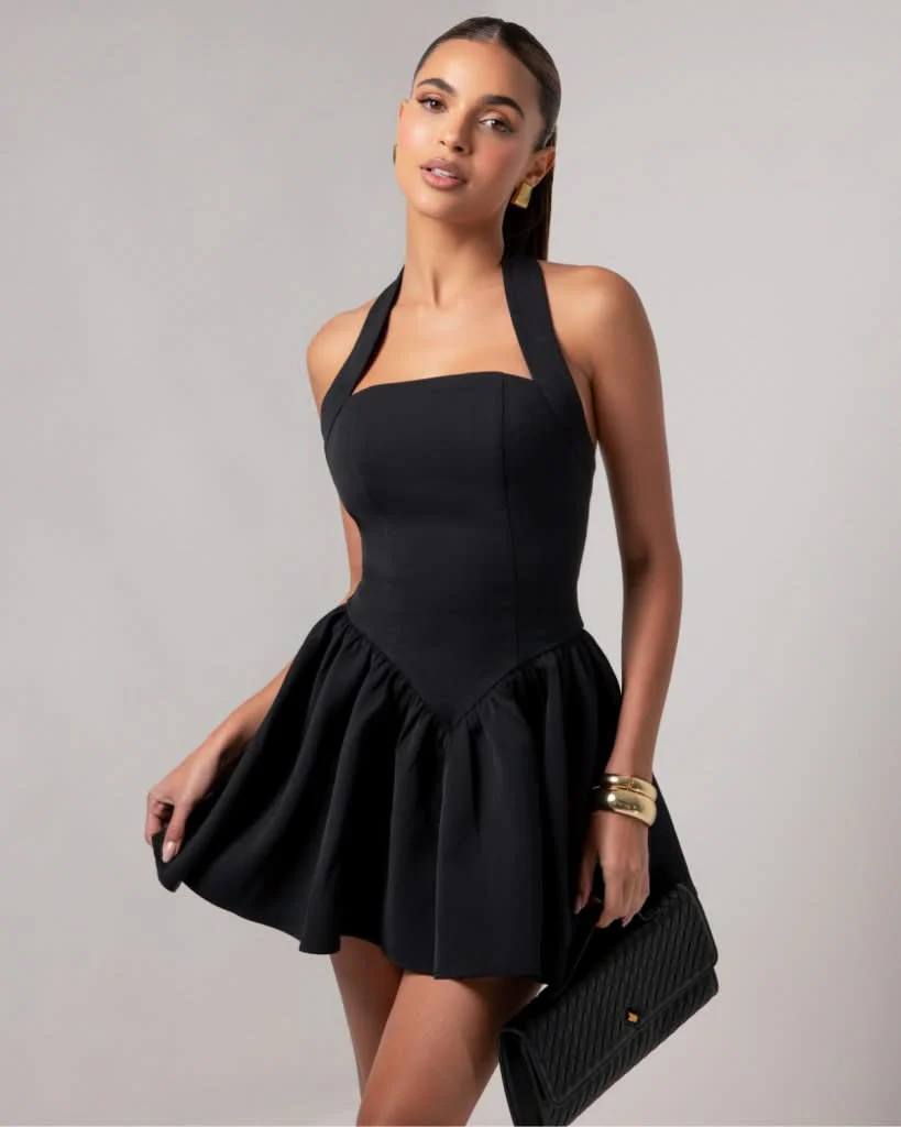Backless mini dress with flared skirt