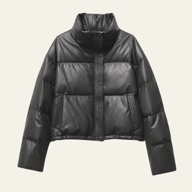Short puffer jacket with high collar and hidden button closure