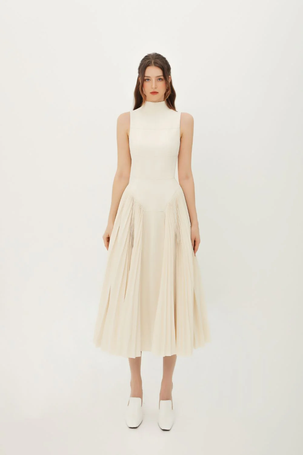 Ivory sleeveless pleated midi dress