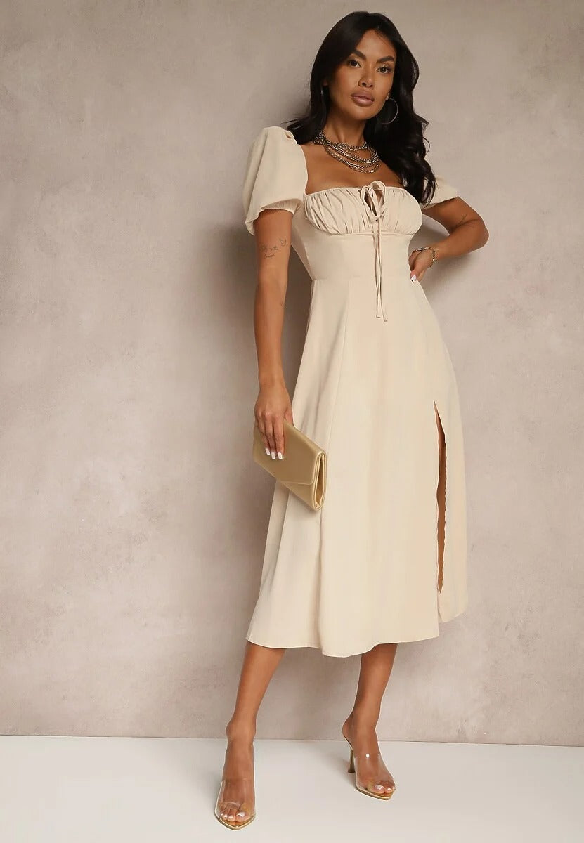 Puff Sleeve Midi Dress with Slit