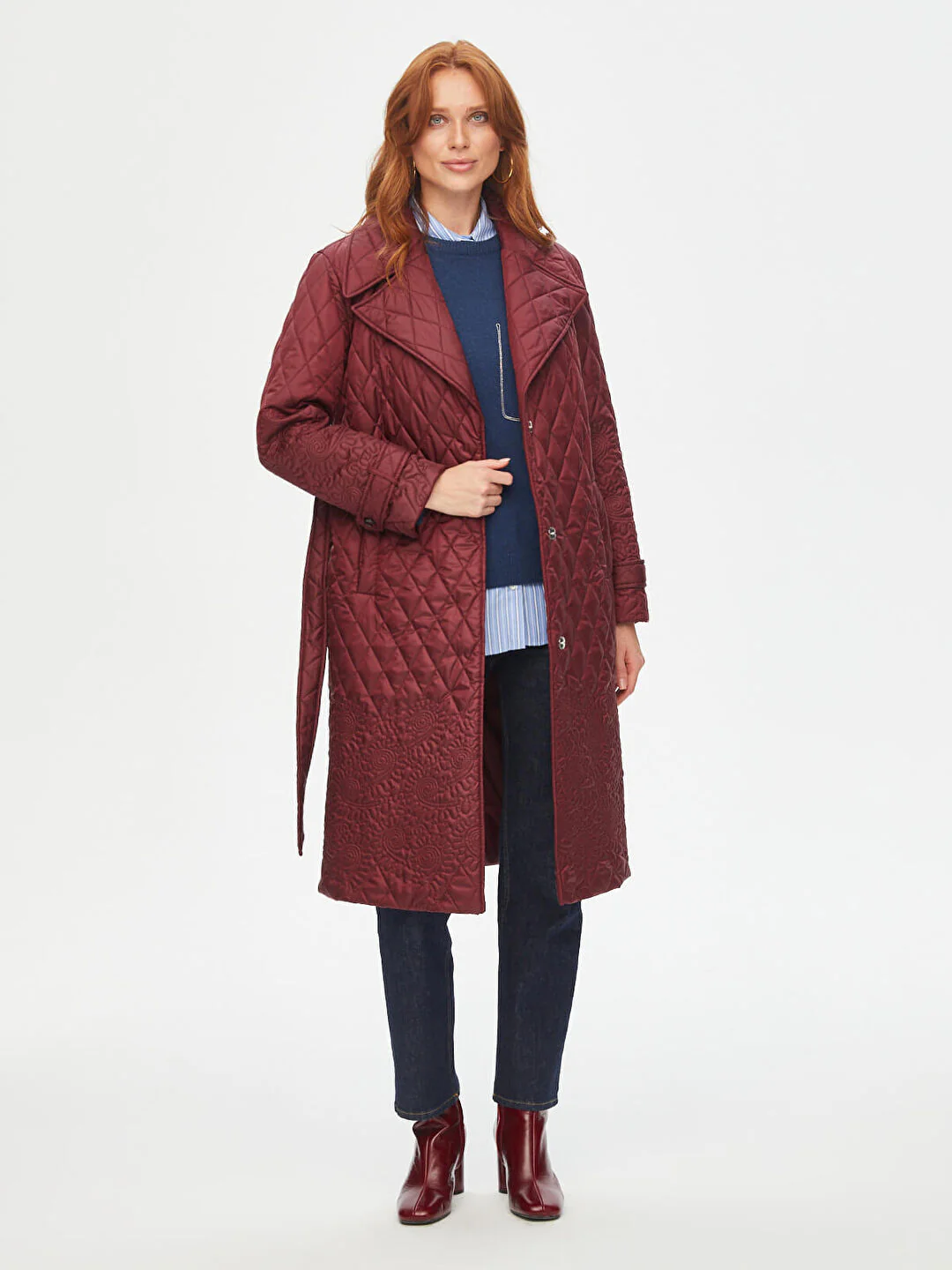 Quilted long coat with floral details