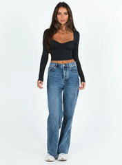 Black long-sleeved crop top with sweetheart neckline