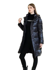 Long padded jacket with hood and zippers