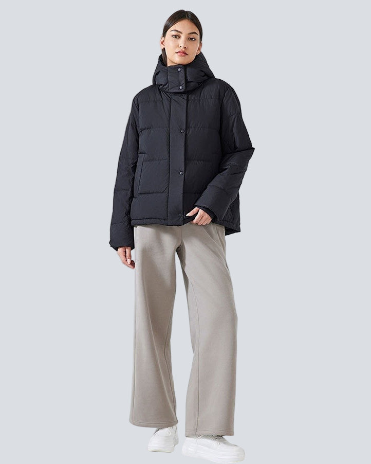 Short padded jacket with hood and high collar