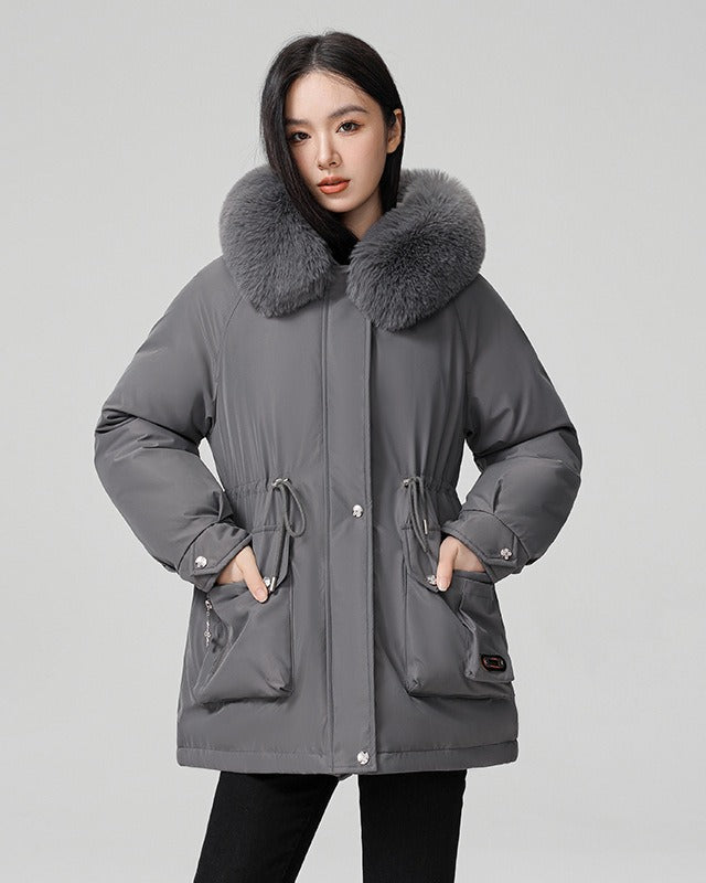 Puffer parka with fluffy collar and adjustable waist