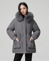 Puffer parka with fluffy collar and adjustable waist