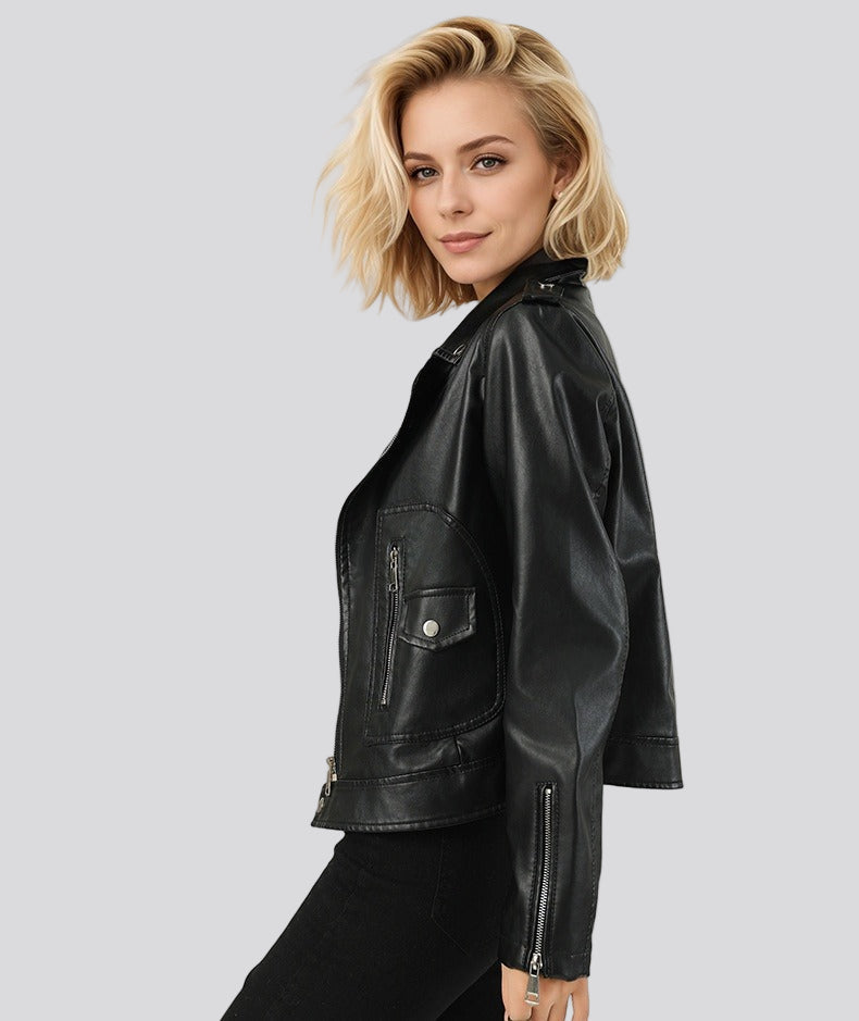 Black biker jacket with asymmetrical zipper