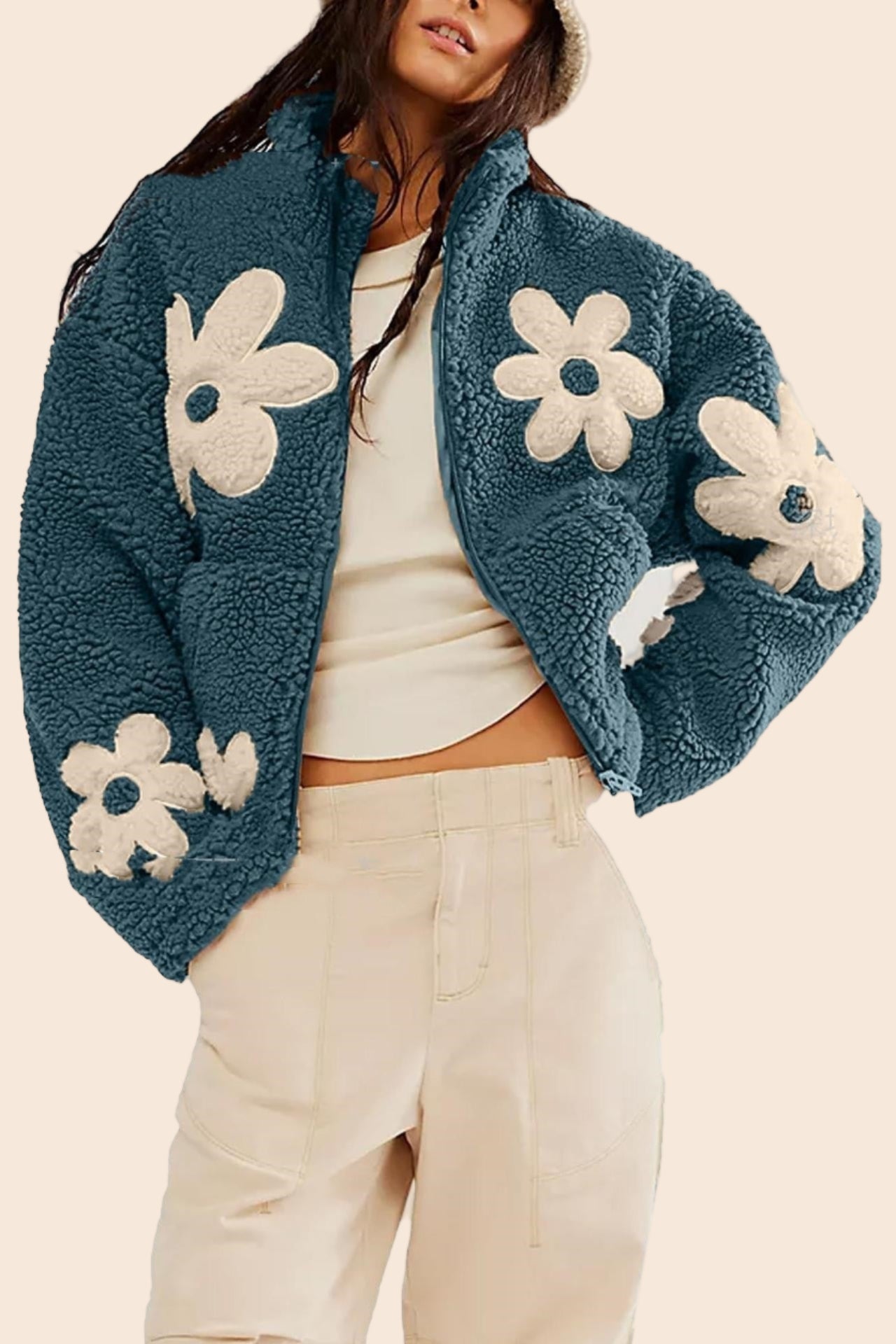 Floral zip jacket with stand-up collar
