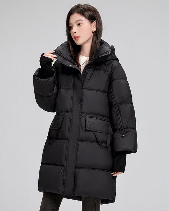 Long padded jacket with hood and pockets