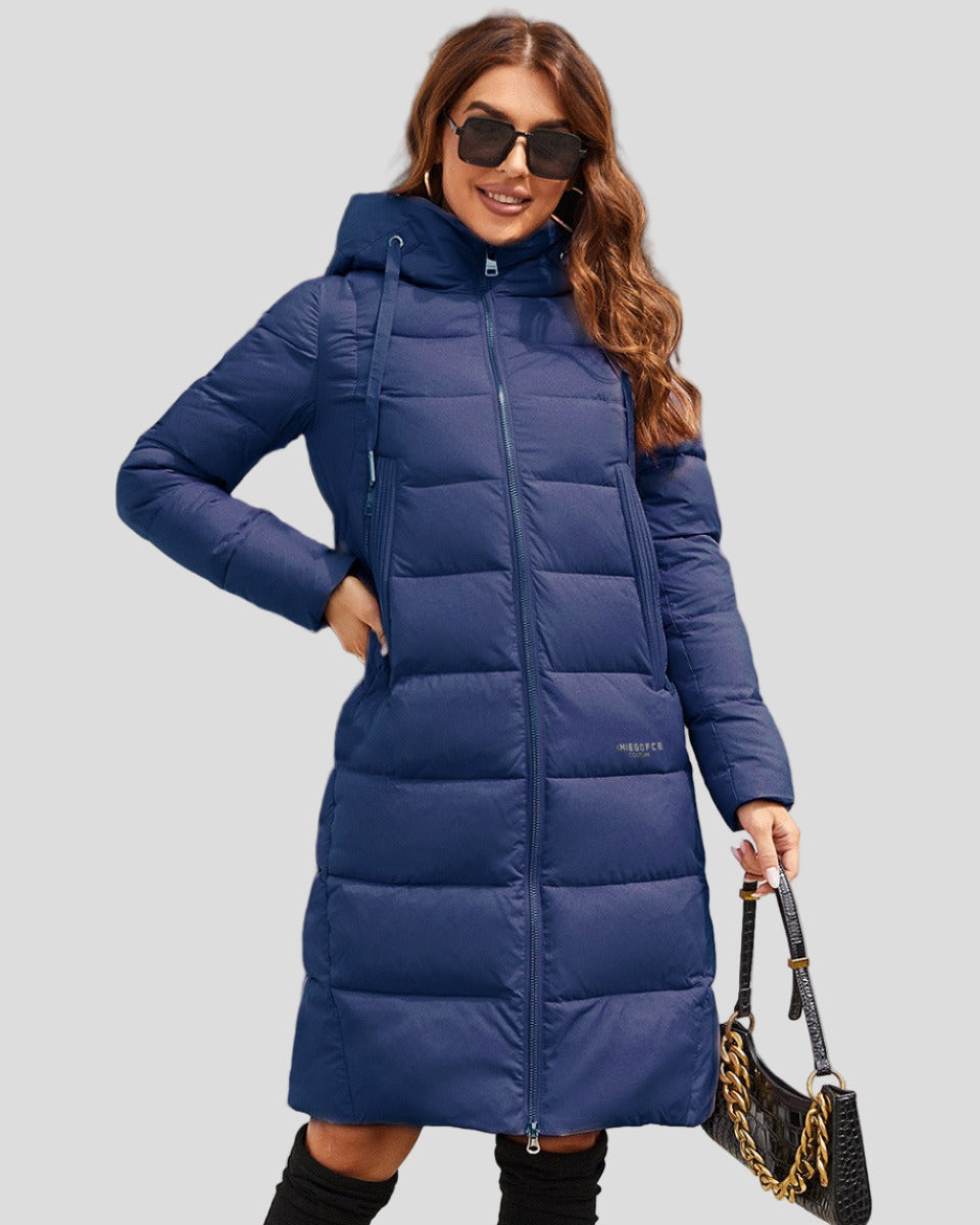 Long padded jacket with hood and zip pockets