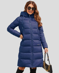 Long padded jacket with hood and zip pockets