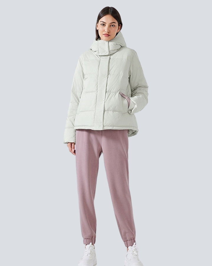 Short padded jacket with hood and high collar