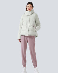 Short padded jacket with hood and high collar