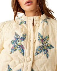 Cream quilted jacket with floral patchwork - short model