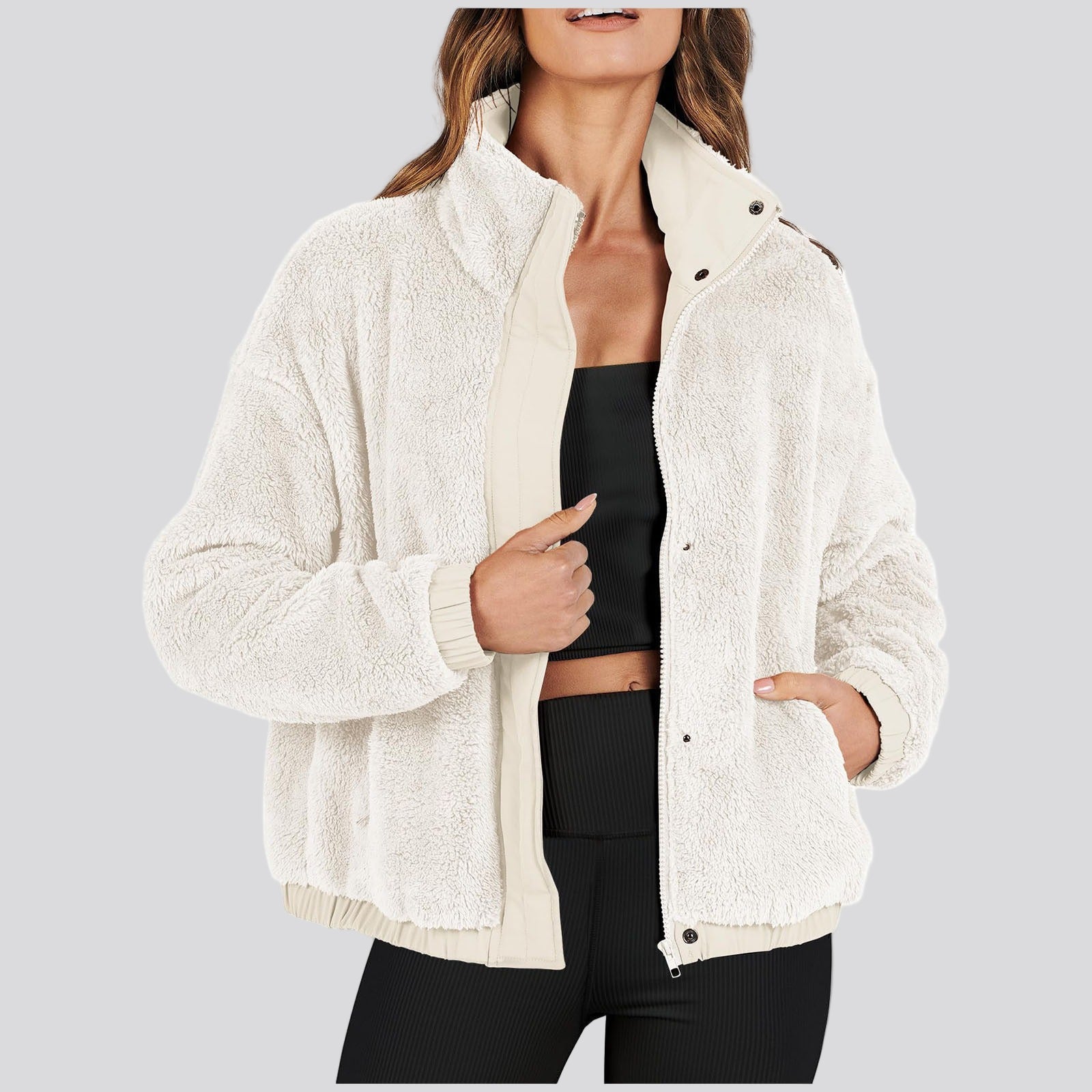 Oversized cozy zip jacket with stand-up collar