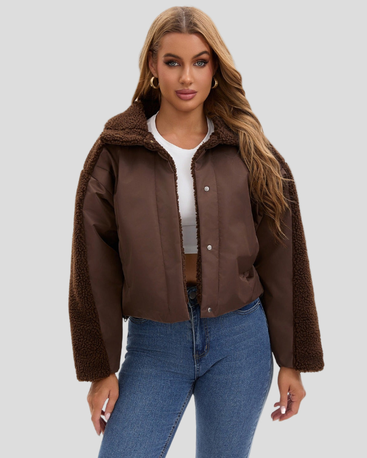 Puffer jacket with high collar and textured sleeves - drawstring at hem