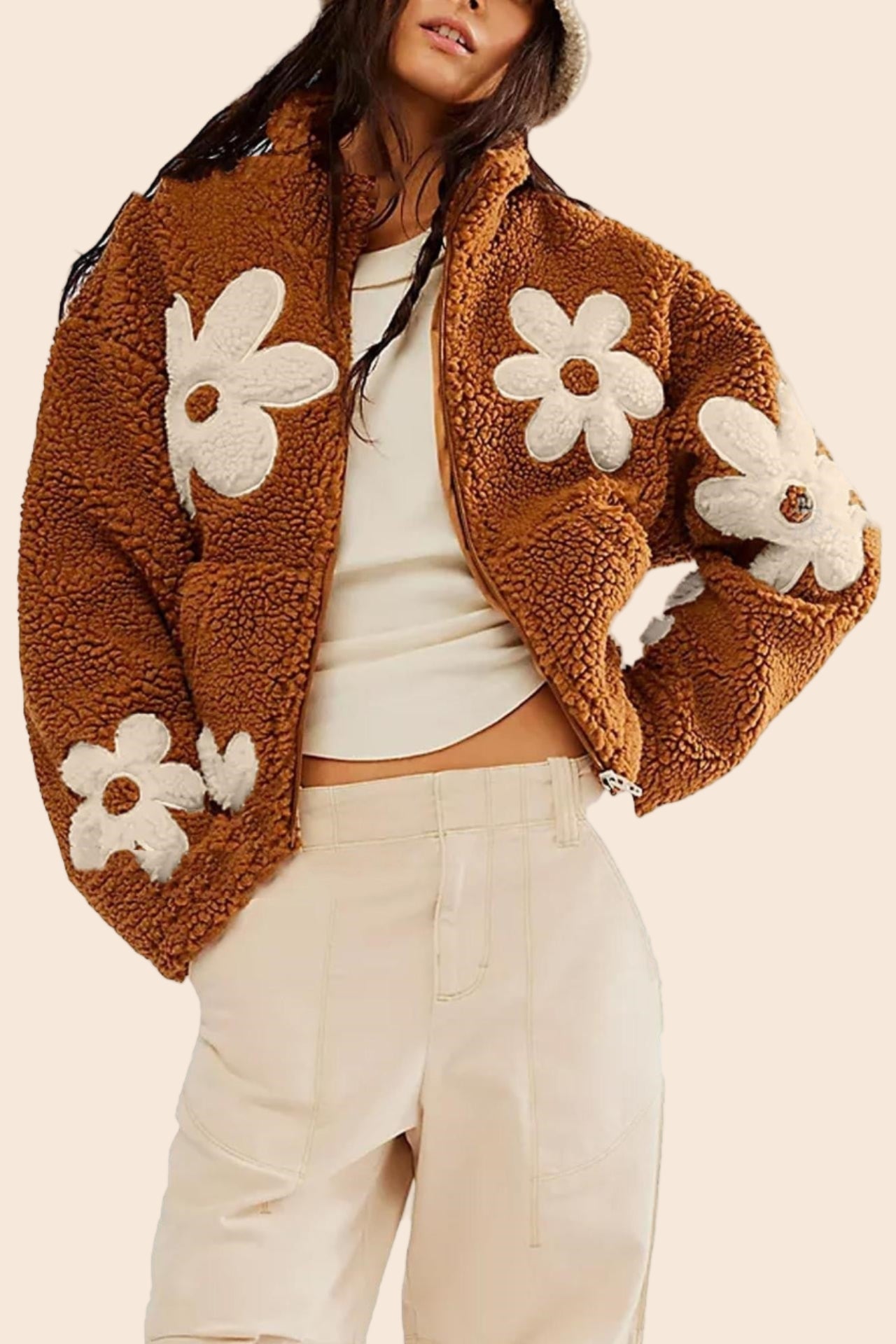 Floral zip jacket with stand-up collar