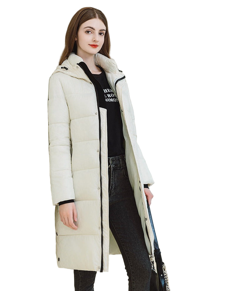 Long padded jacket with hood and zippers
