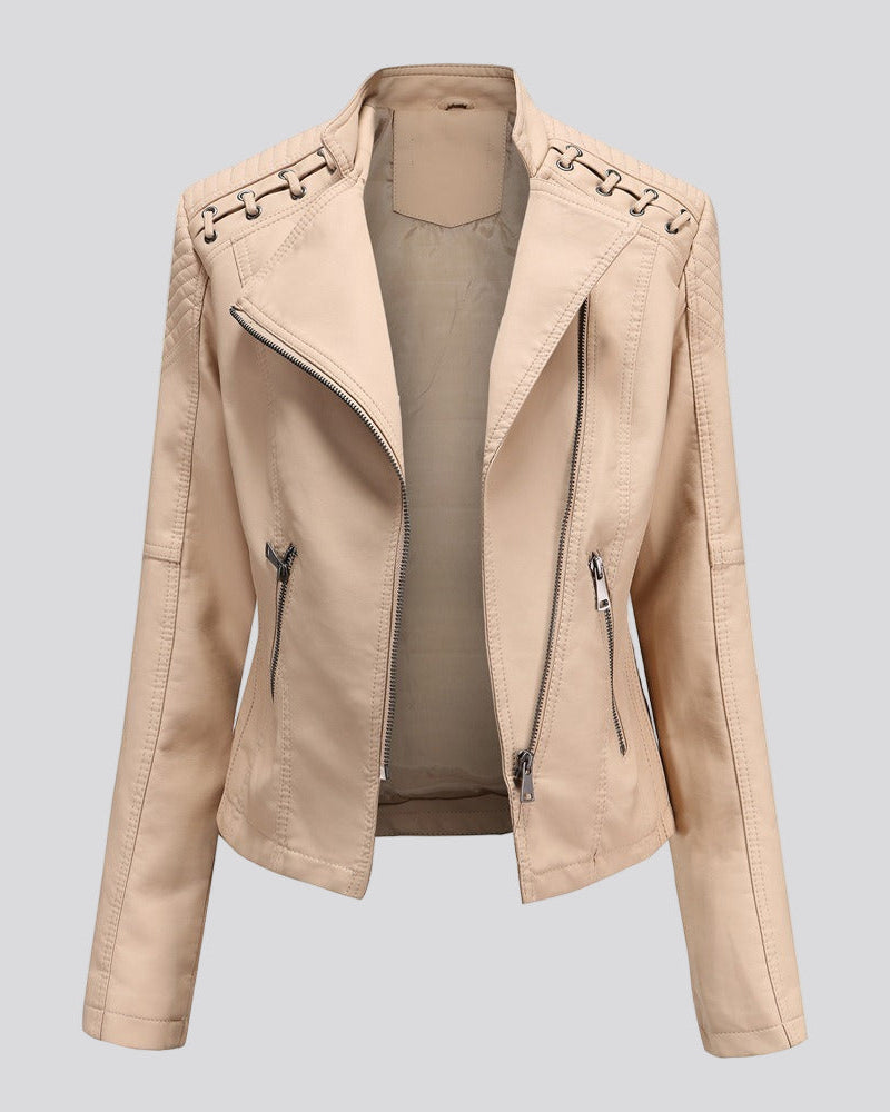Biker jacket with laced shoulders and asymmetrical zipper