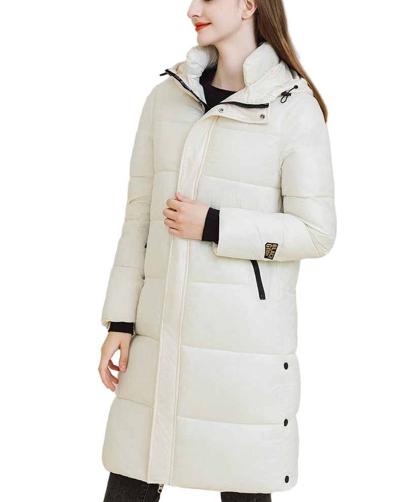 Long padded jacket with hood and zippers
