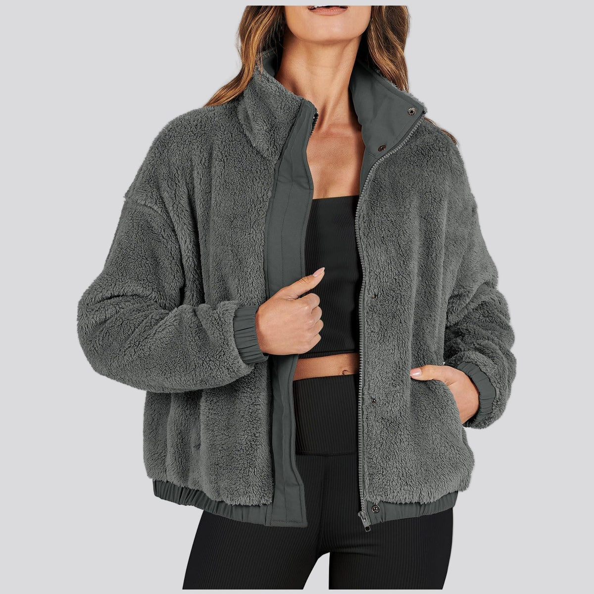 Oversized cozy zip jacket with stand-up collar